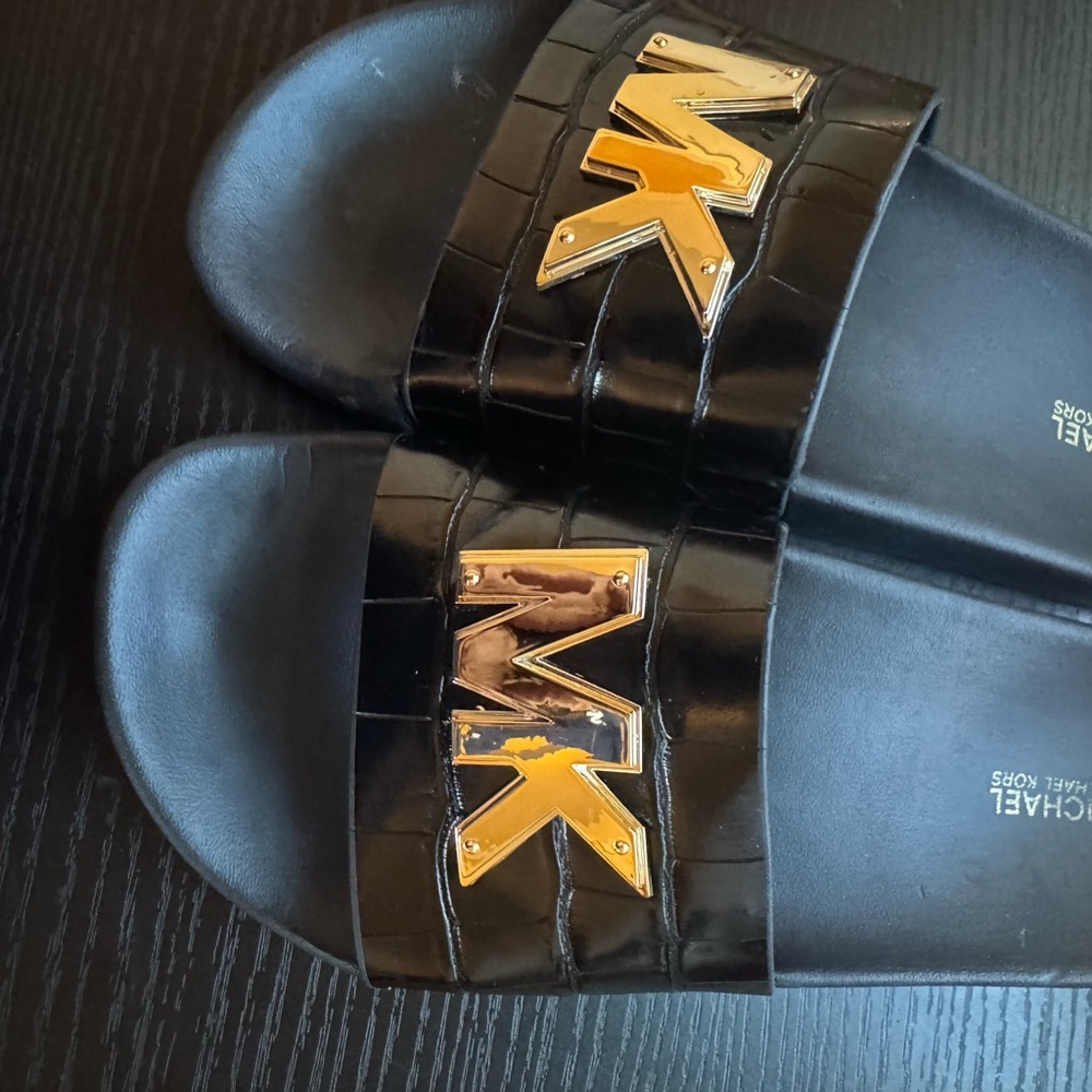 Michael Kors Black Slides with Gold Accents